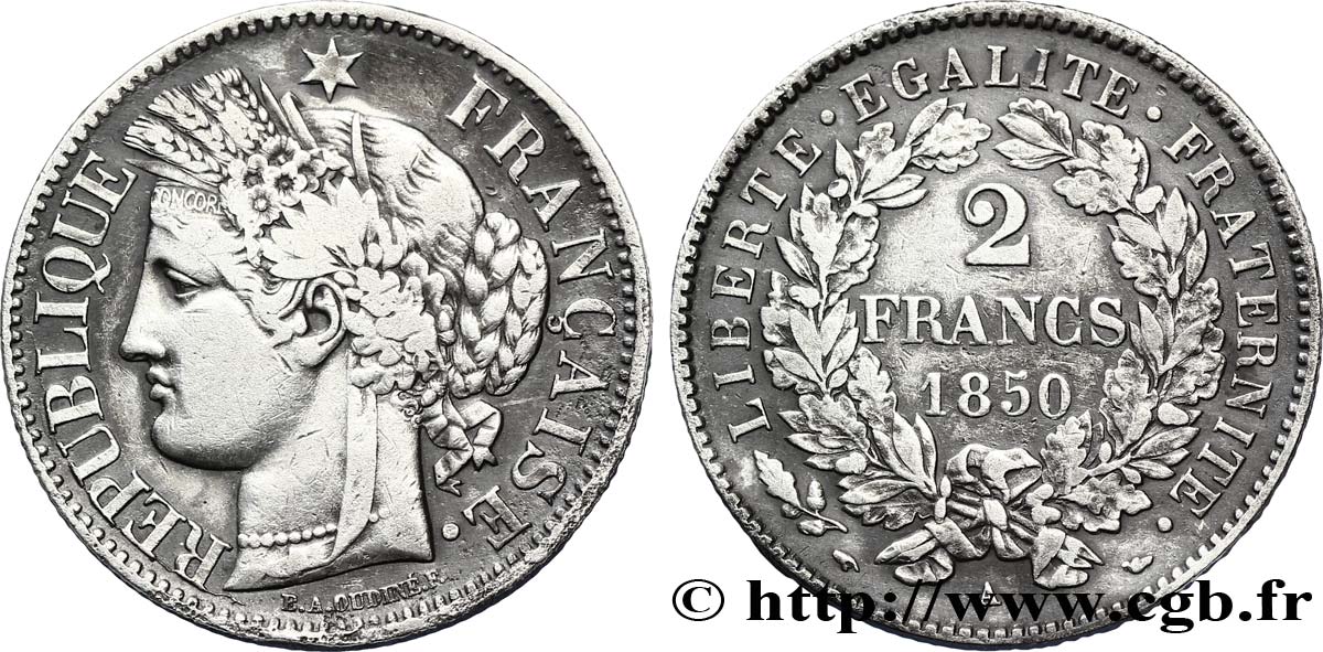 2 francs Cérès, IIe République 1850 Paris F.261/4 VF35 
