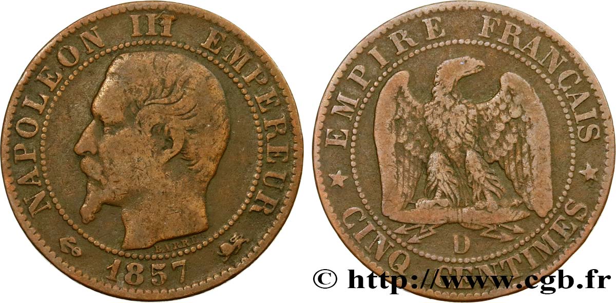 Cinq centimes Napoléon III, tête nue 1857 Lyon F.116/40 S20 