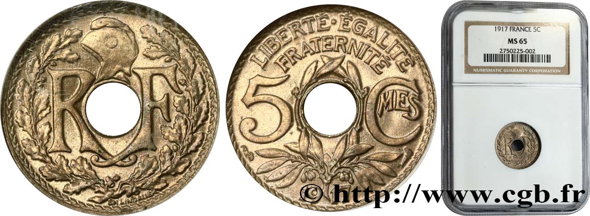 5 centimes Lindauer, grand module 1917 Paris F.121/1 MS65 NGC
