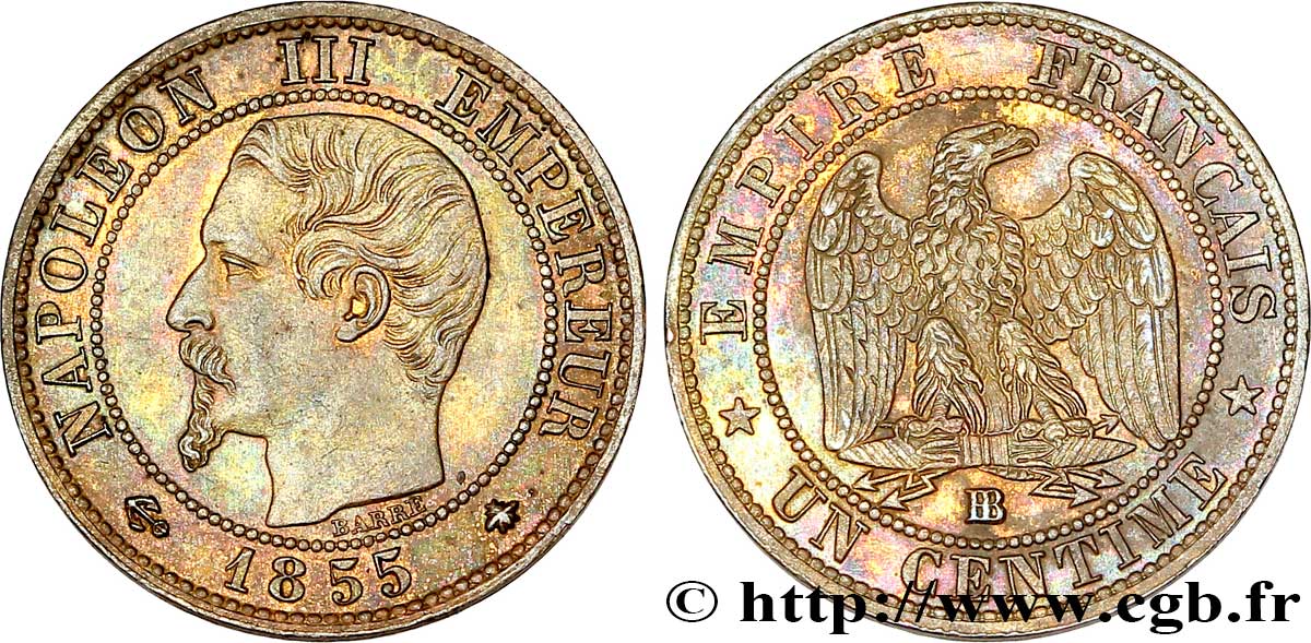 Un centime Napoléon III, tête nue 1855 Strasbourg F.102/18 AU55 
