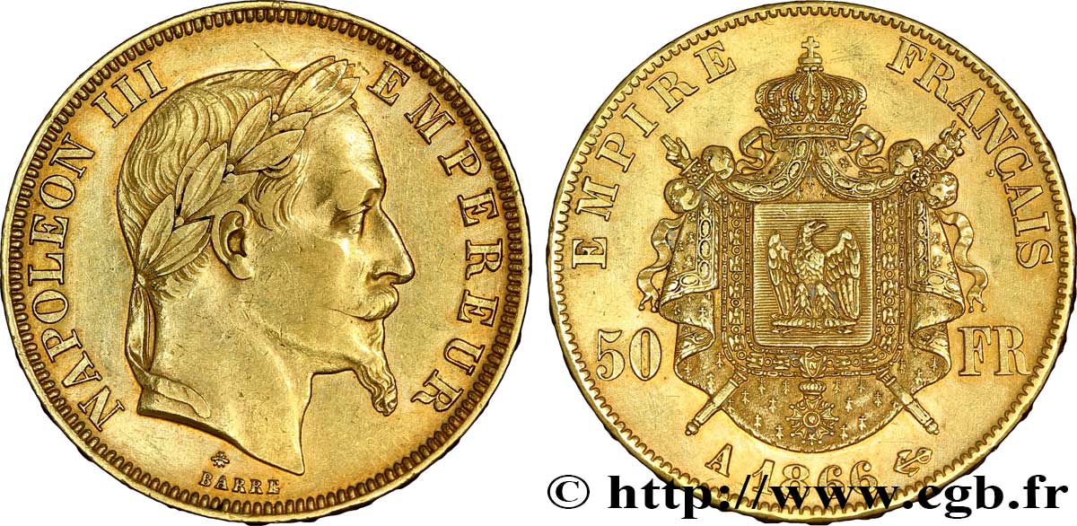 50 francs or Napoléon III, tête laurée 1866 Paris F.548/6 AU52 
