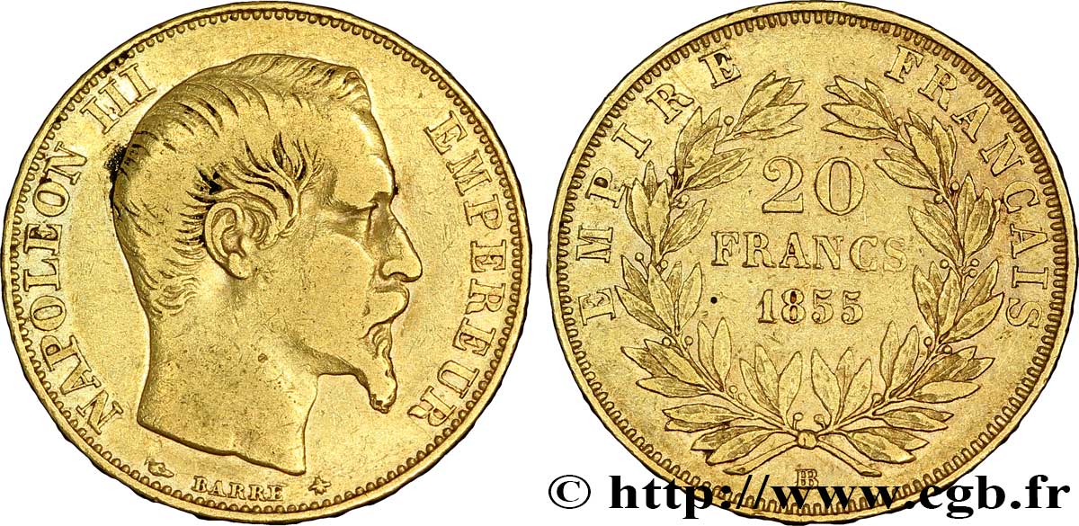 20 francs or Napoléon III, tête nue, chien/abeille 1855 Strasbourg F.531/5 TTB40 