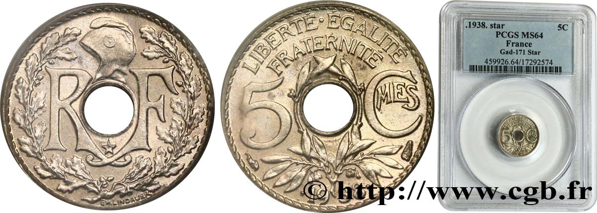 5 centimes Lindauer, maillechort 1938 Paris F.123/1 SC64 PCGS
