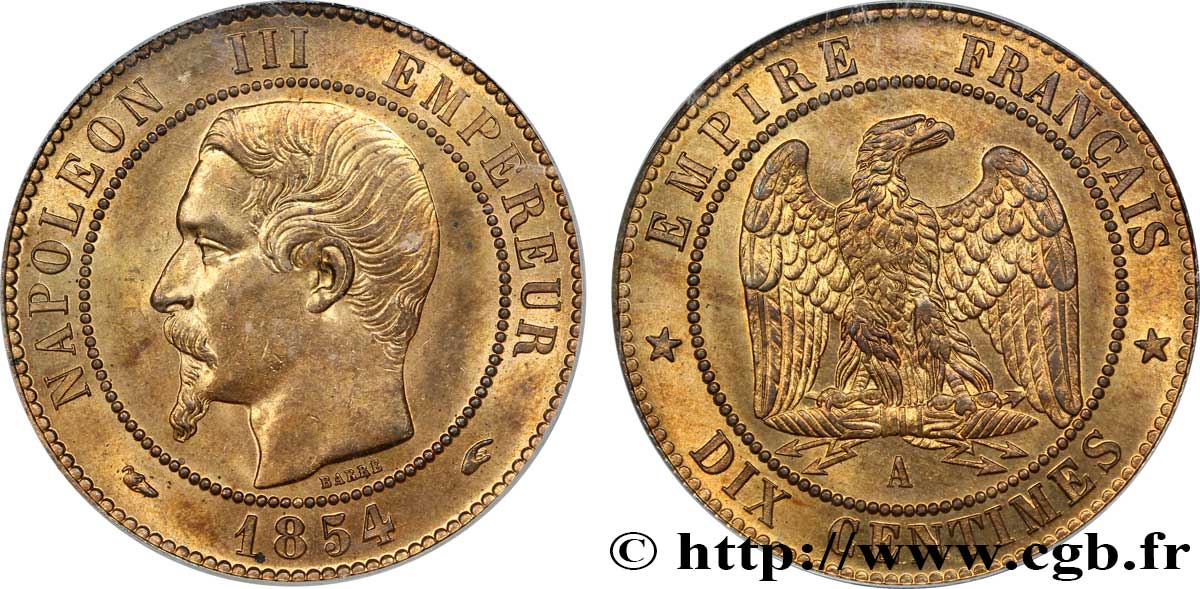 Dix centimes Napoléon III, tête nue 1854 Paris F.133/11 SPL63 