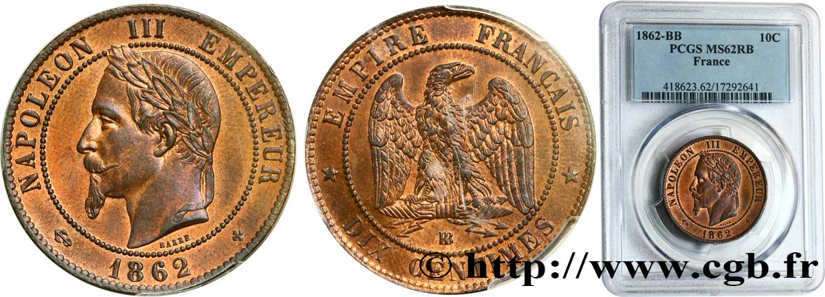 Dix centimes Napoléon III, tête laurée 1862 Strasbourg F.134/8 VZ62 PCGS