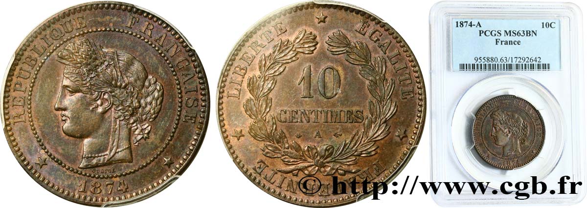 10 centimes Cérès 1874 Paris F.135/12 SC63 PCGS