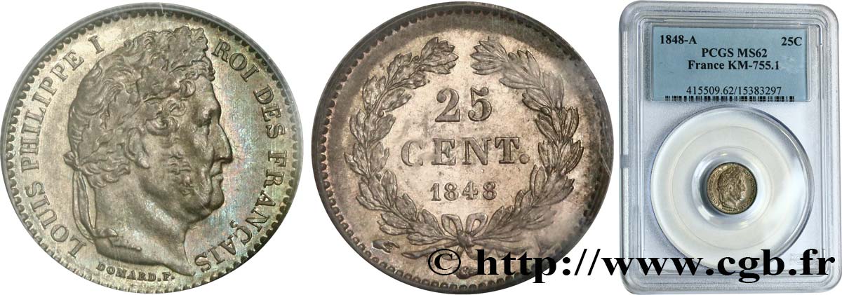 25 centimes Louis-Philippe 1848 Paris F.167/12 SUP62 PCGS