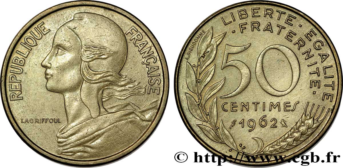50 centimes Marianne, col à quatre plis 1962 Paris F.197/3 AU50 