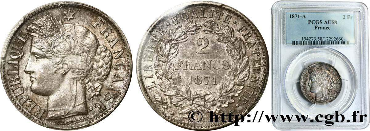 2 francs Cérès, avec légende 1871 Paris F.265/4 SPL58 PCGS