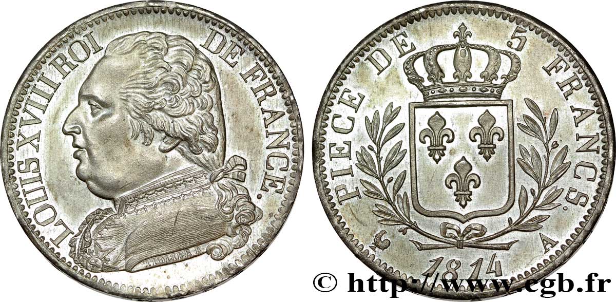 5 francs Louis XVIII, buste habillé 1814 Paris F.308/1 SPL64 