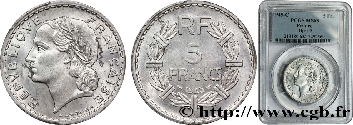5 francs Lavrillier, aluminium 1945 Castelsarrasin F.339/5 SC63 PCGS
