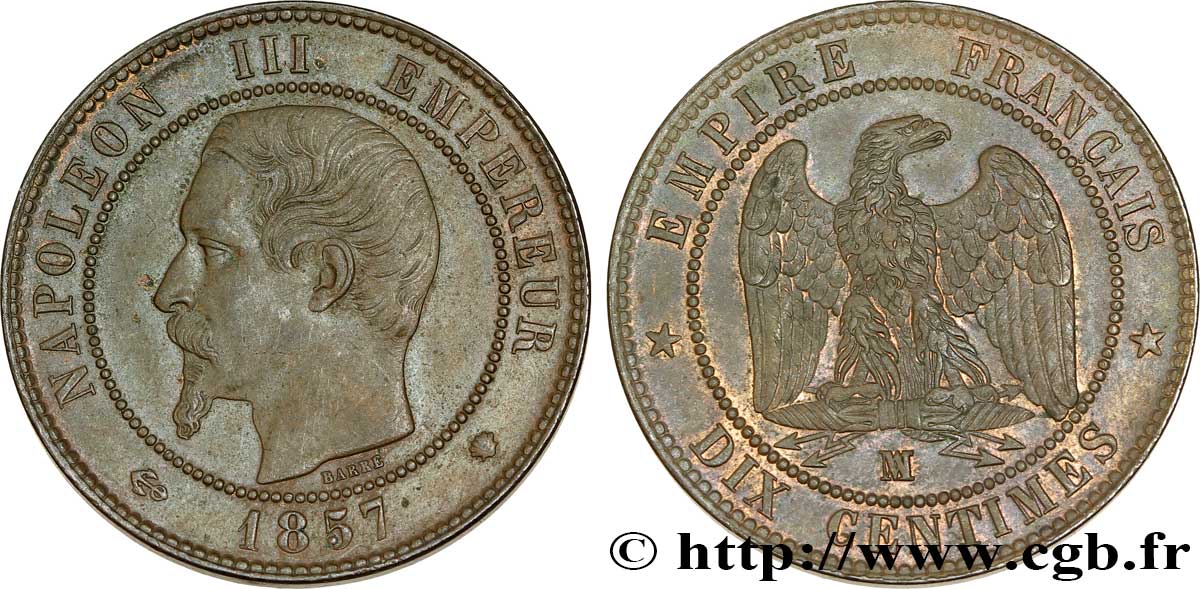 Dix centimes Napoléon III, tête nue 1857 Marseille F.133/45 TTB52 