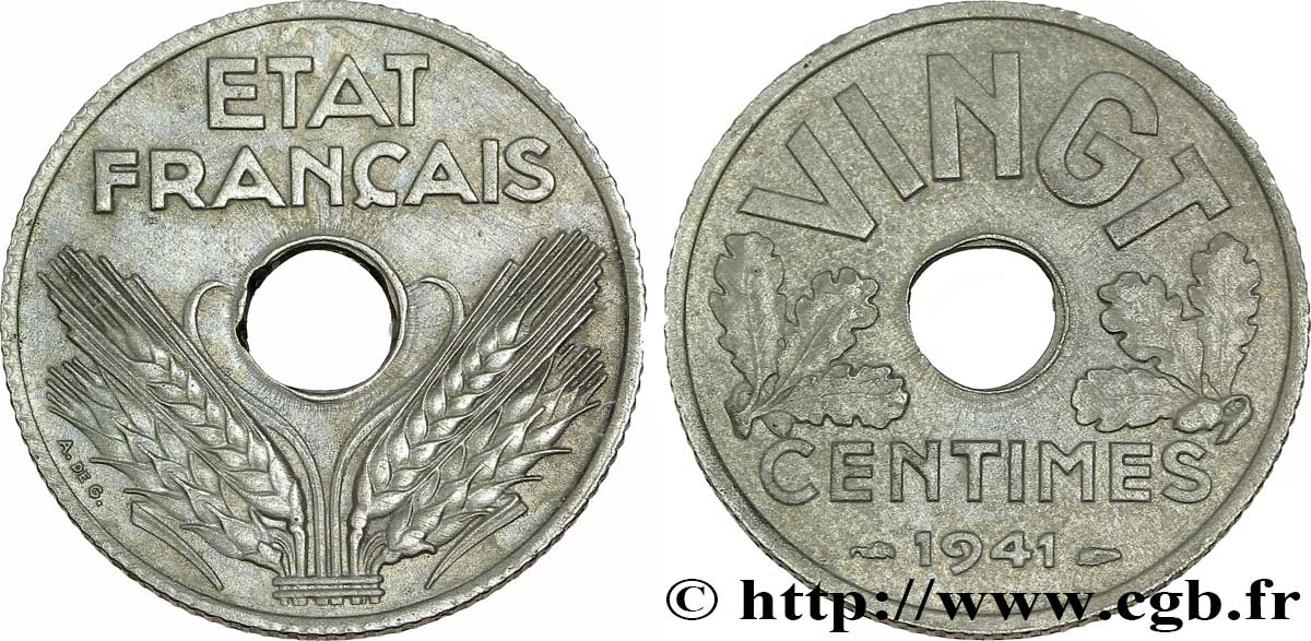 VINGT centimes État français 1941  F.152/3 TTB53 