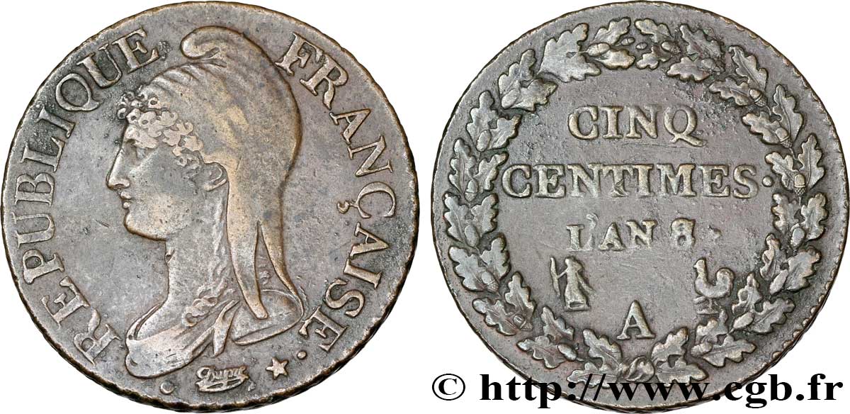 Cinq centimes Dupré, grand module 1800 Paris F.115/88 TTB48 