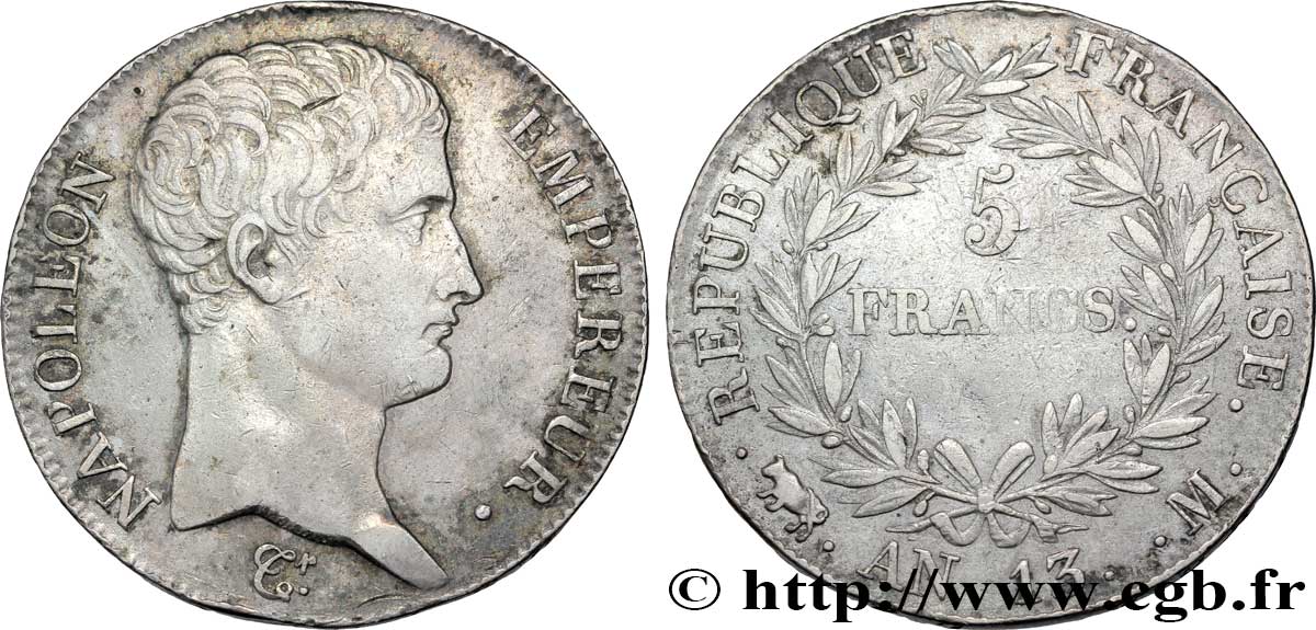 5 francs Napoléon Empereur, Calendrier révolutionnaire 1805 Toulouse F.303/13 TTB45 