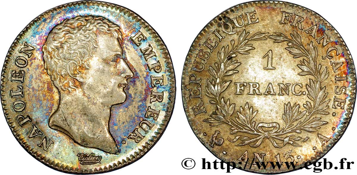 1 franc Napoléon Empereur, Calendrier révolutionnaire 1805 Paris F.201/14 TTB52 