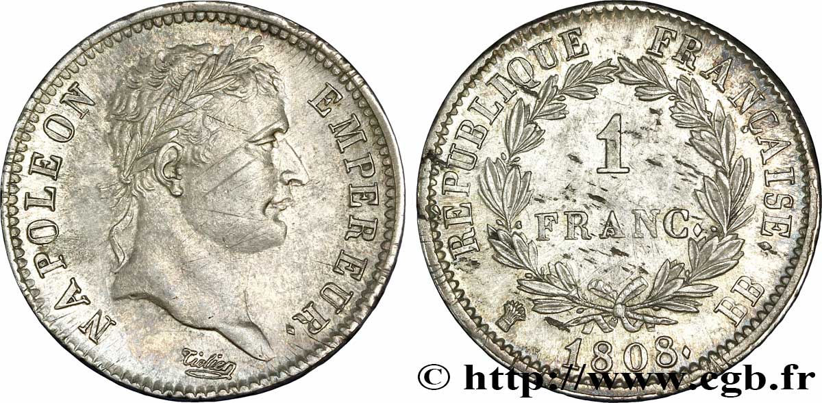 1 franc Napoléon Ier tête laurée, République française 1808 Strasbourg F.204/4 EBC58 