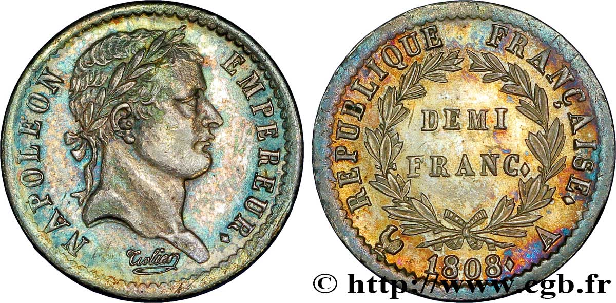 Demi-franc Napoléon Ier tête laurée, République française 1808 Paris F./ SUP58 