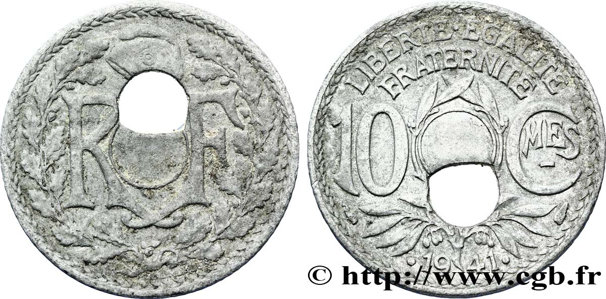 10 centimes Lindauer en zinc, Cmes souligné et millésime avec points, perforation décentrée 1941  F.140/2 var. VF30 