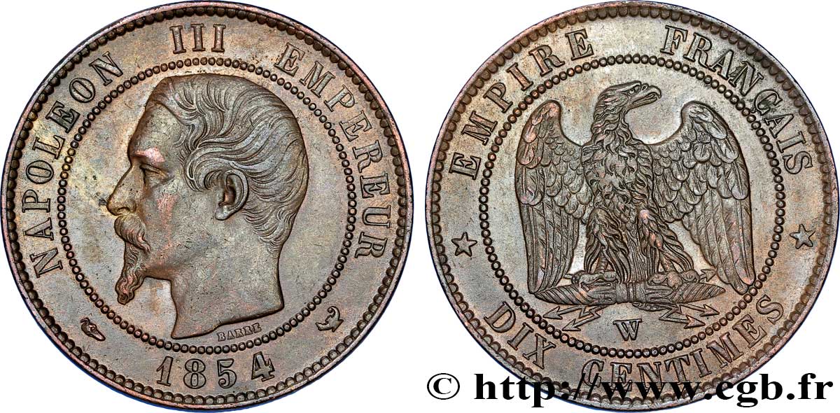 Dix centimes Napoléon III, tête nue 1854 Lille F.133/18 TTB50 