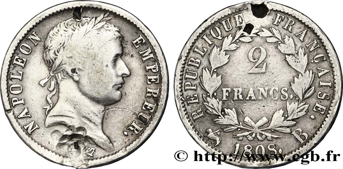 2 francs Napoléon Ier tête laurée, République française 1808 Rouen F.254/5 S 