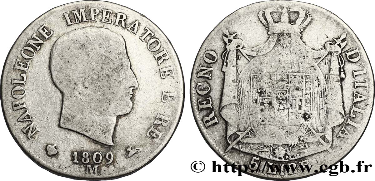 5 lire Napoléon Empereur et Roi d’Italie, 1er type, tranche en relief 1809 Milan M.220  B6 