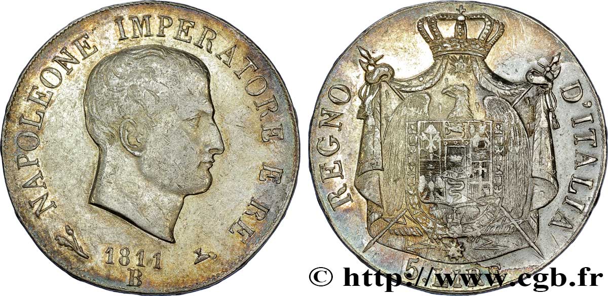 5 lire Napoléon Empereur et Roi d’Italie, 1er type, tranche en relief 1811 Bologne M.80  TTB40 