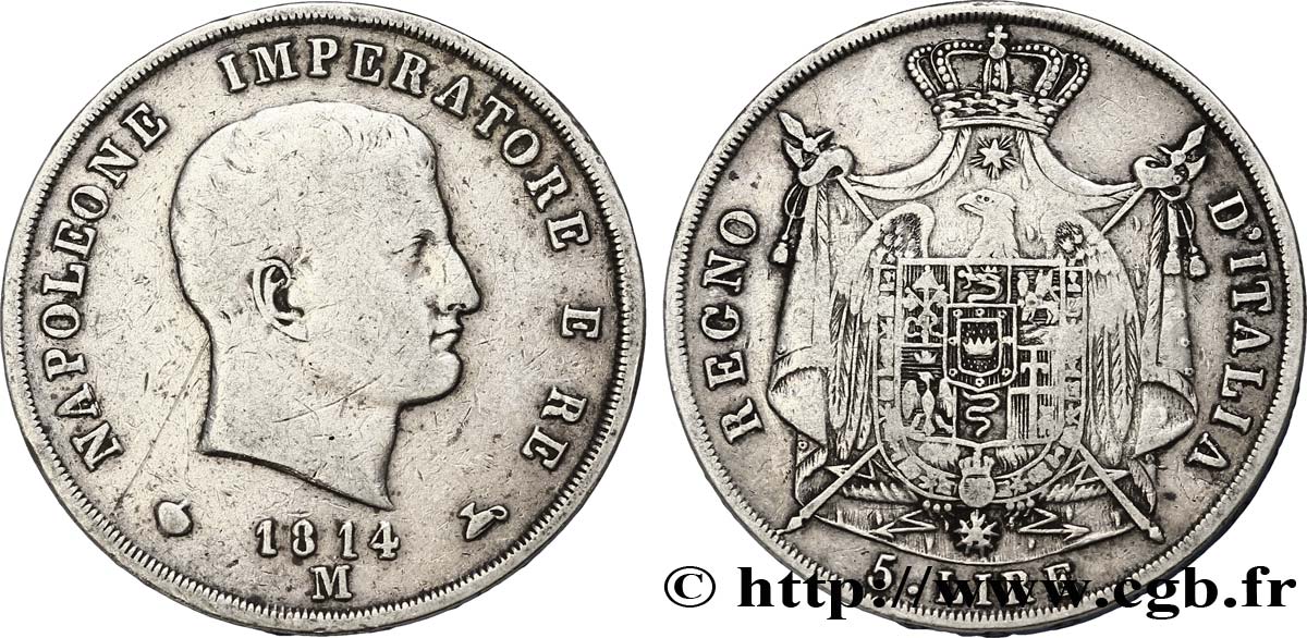 5 lire Napoléon Empereur et Roi d’Italie, 2ème type, tranche en creux 1814 Milan M.231  VF30 