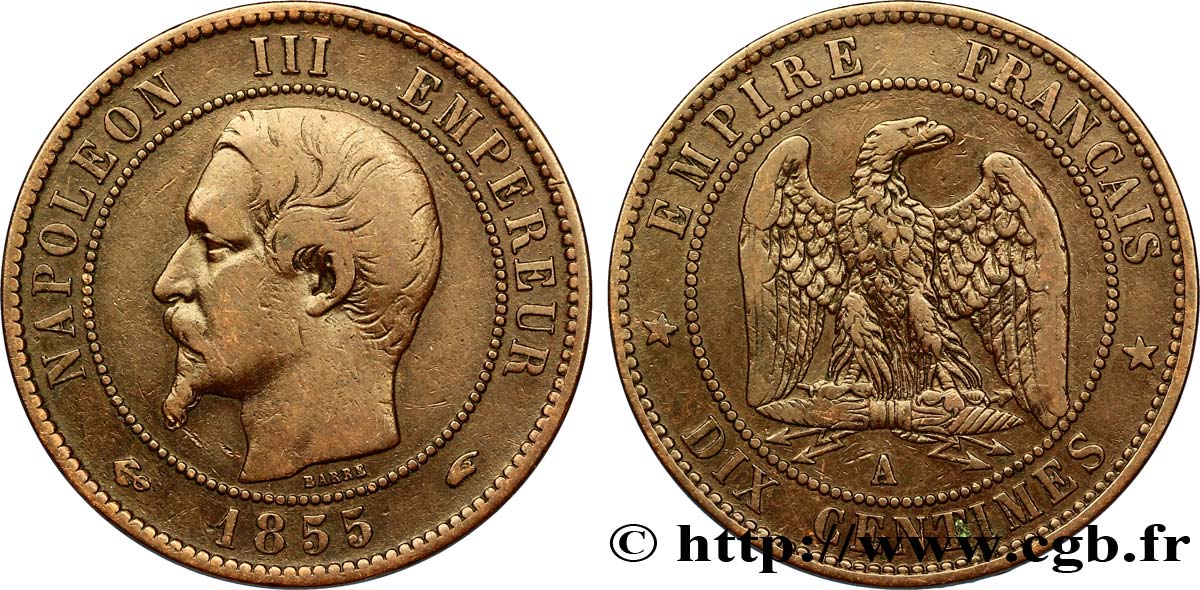 Dix centimes Napoléon III, tête nue 1855 Paris F.133/20 MB25 