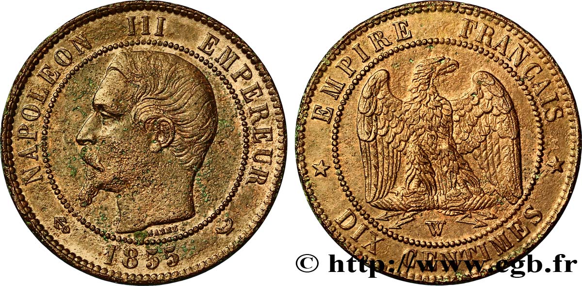 Dix centimes Napoléon III, tête nue 1855 Lille F.133/33 XF45 