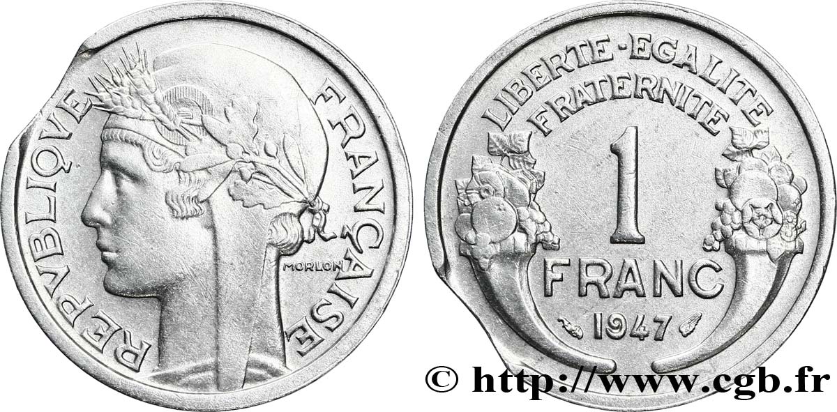 1 franc Morlon, légère, flan clipé 1947  F.221/11 var. TTB50 
