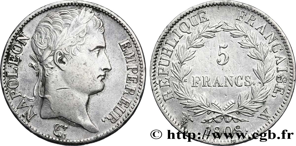 5 francs Napoléon Empereur, République française 1808 Lille F.306/15 BB45 