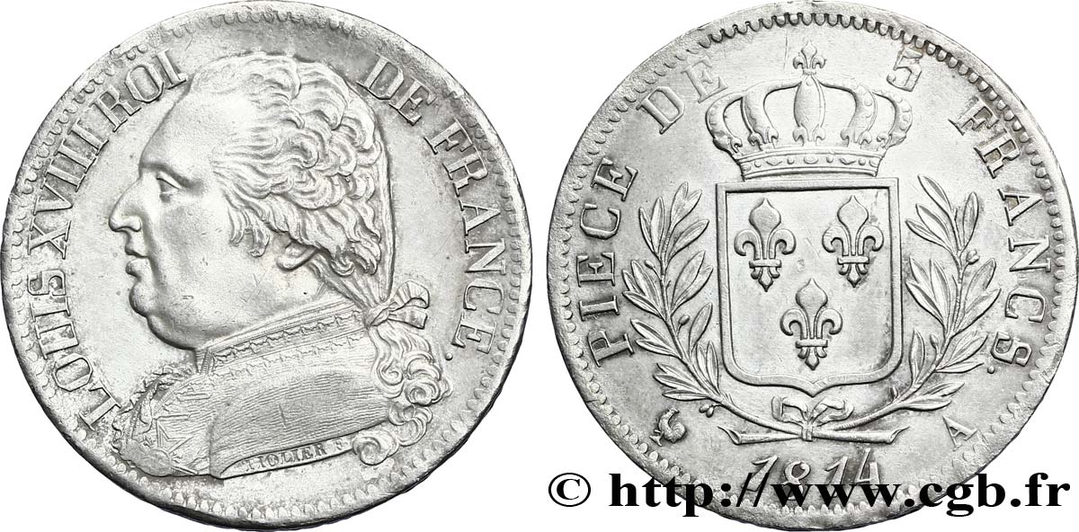 5 francs Louis XVIII, buste habillé 1814 Paris F.308/1 TTB50 