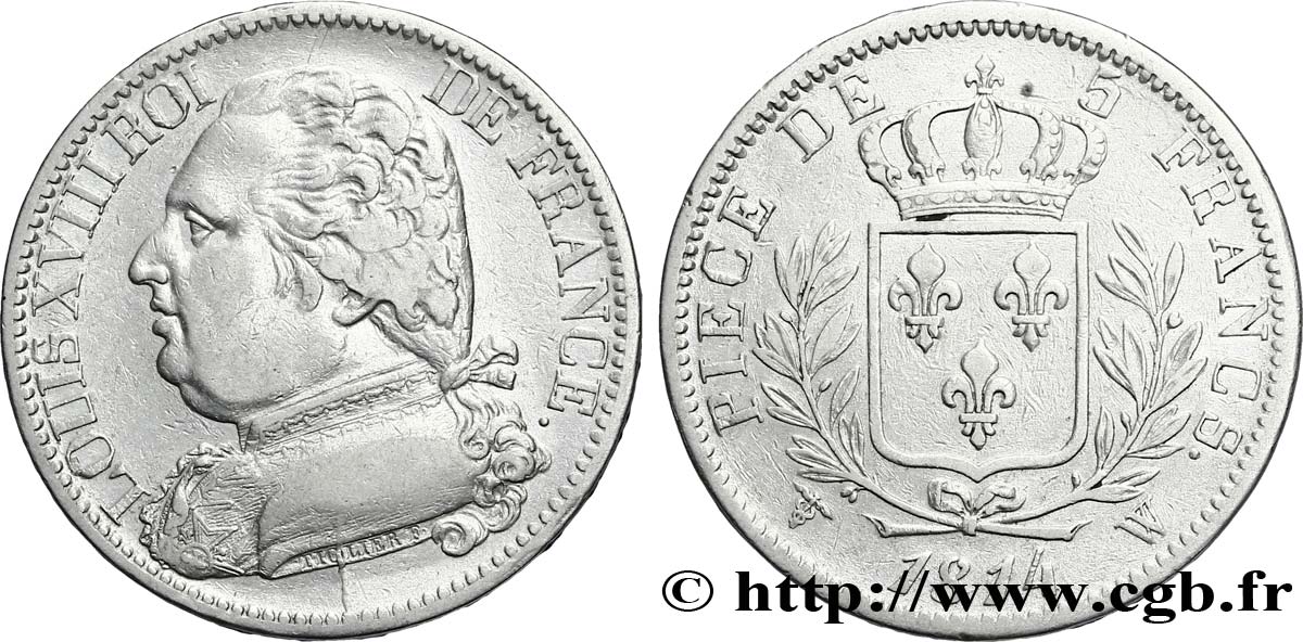5 francs Louis XVIII, buste habillé 1814 Lille F.308/13 XF42 