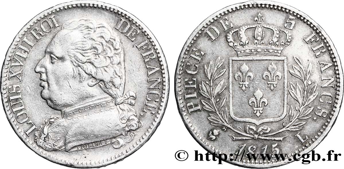 5 francs Louis XVIII, buste habillé 1815 Bayonne F.308/23 XF48 