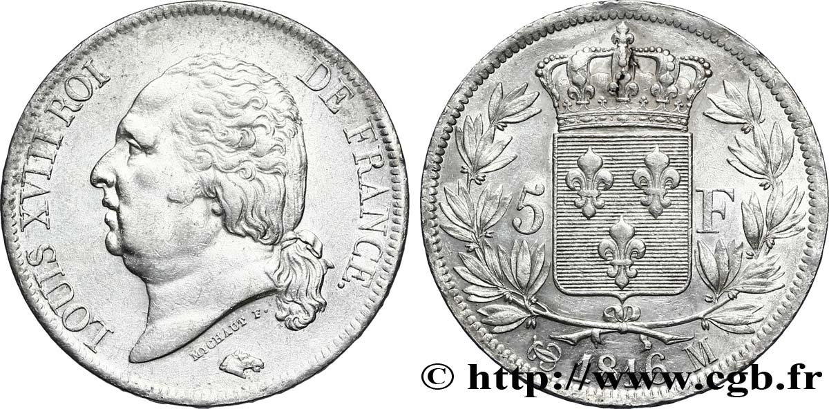 5 francs Louis XVIII, tête nue 1816 Toulouse F.309/9 TTB50 