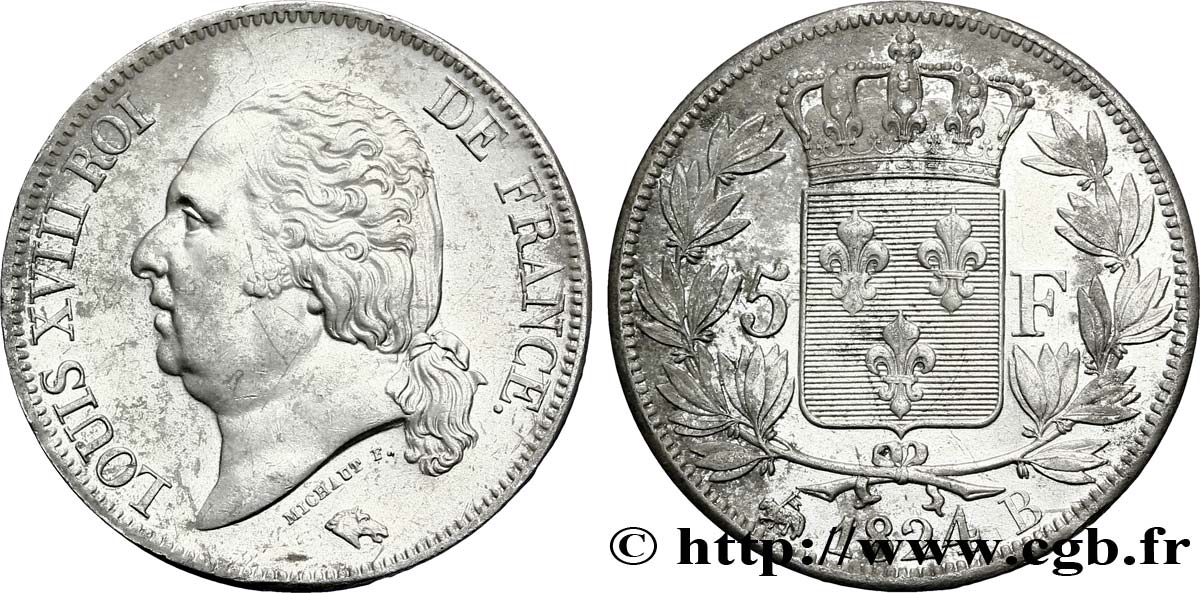 5 francs Louis XVIII, tête nue 1824 Rouen F.309/89 SS50 