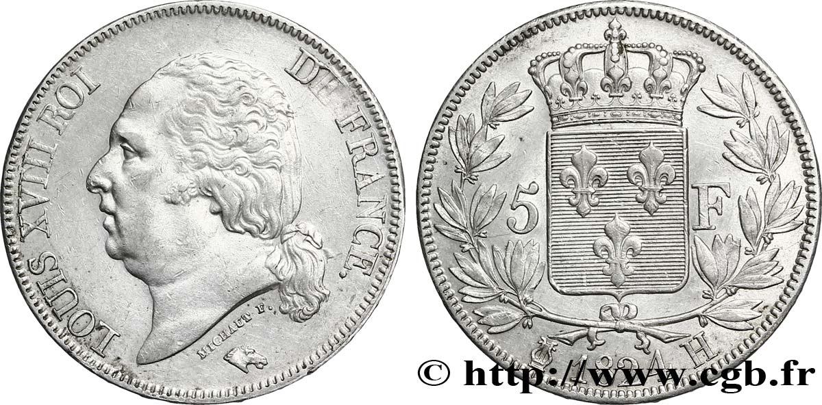 5 francs Louis XVIII, tête nue 1824 La Rochelle F.309/91 TTB50 