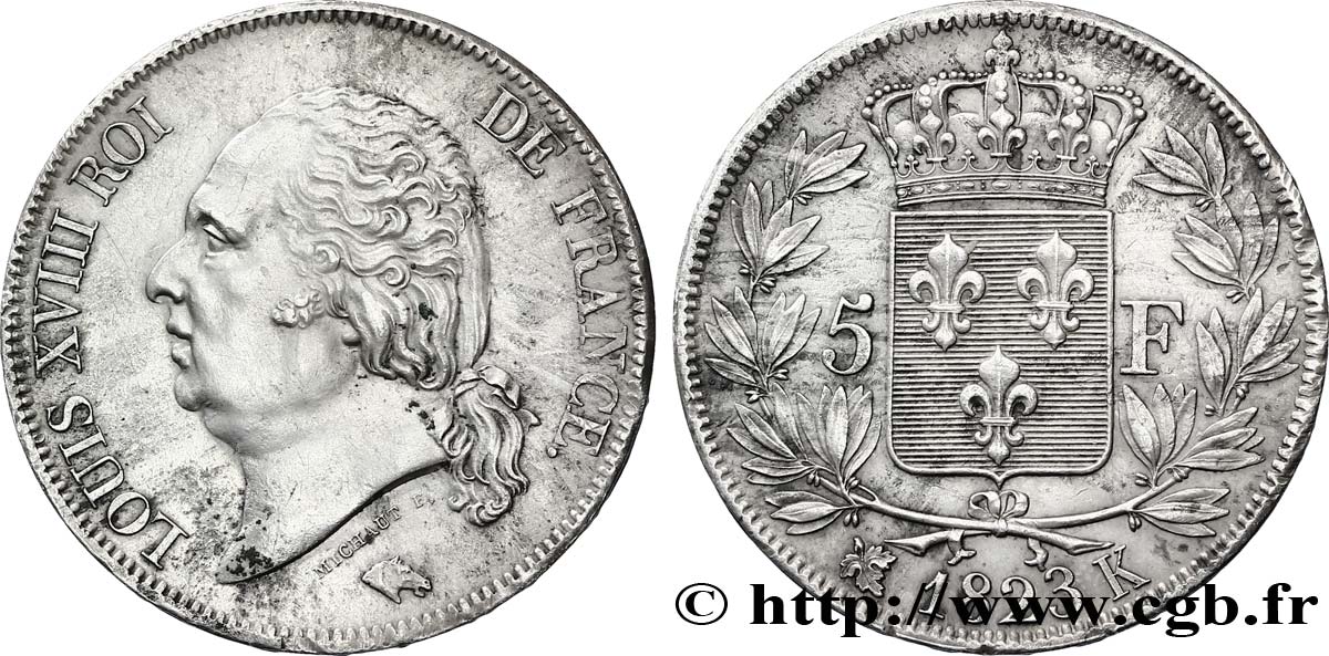 5 francs Louis XVIII, tête nue 1823 Bordeaux F.309/82 AU55 