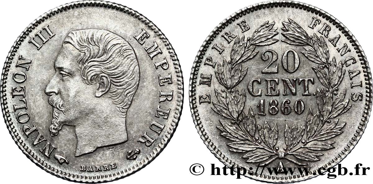 20 centimes Napoléon III, tête nue 1860 Paris F.148/14 VZ61 