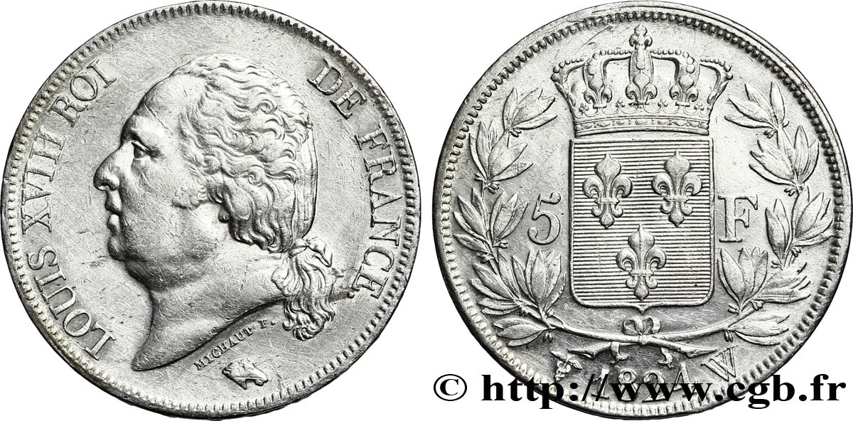 5 francs Louis XVIII, tête nue 1824 Lille F.309/98 BB50 