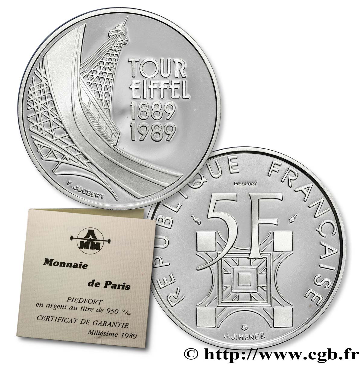 Piéfort Argent de 5 francs Tour Eiffel, Belle Épreuve 1989 Paris F.342/2P MS68 