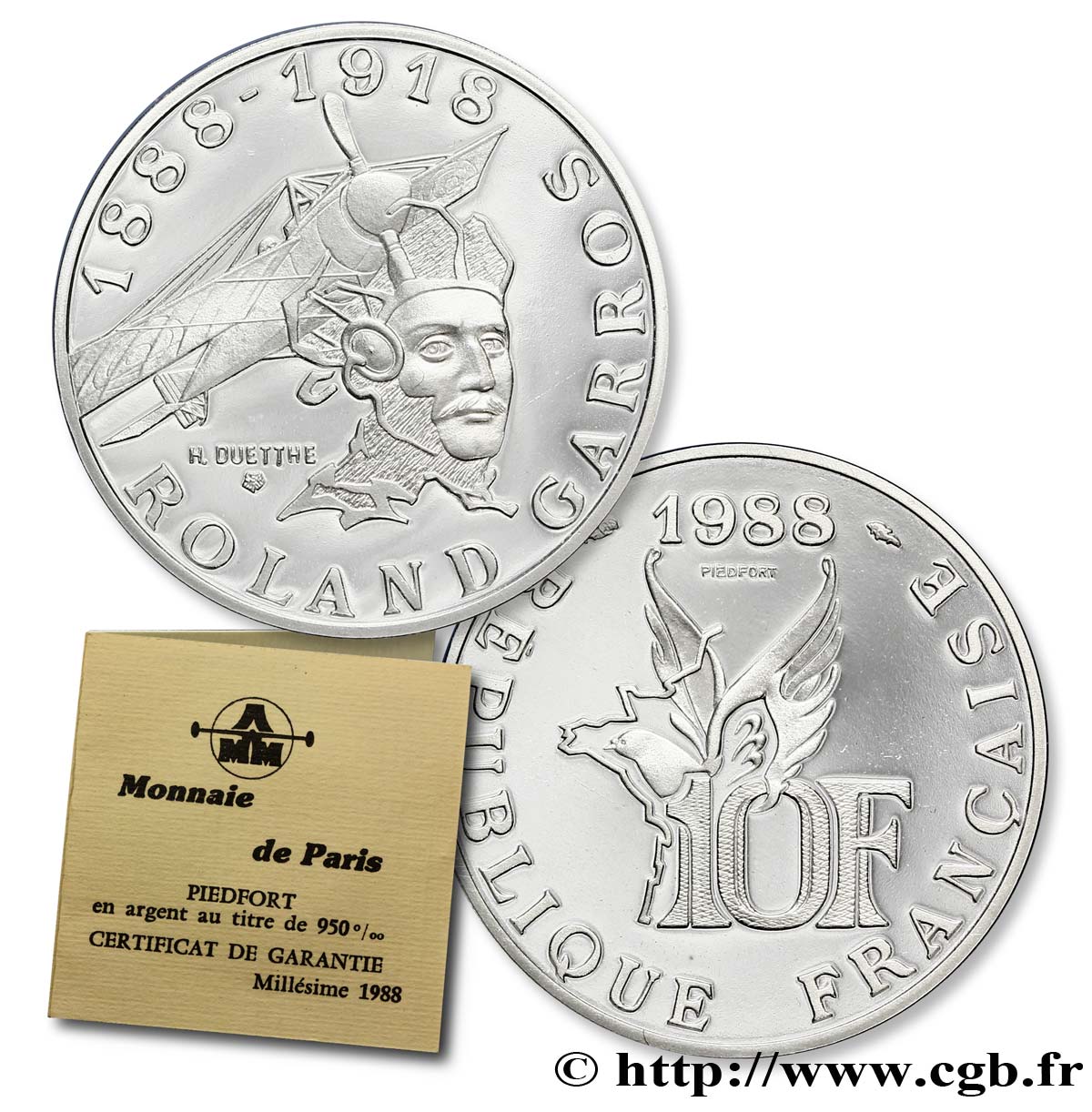 Piéfort argent de 10 francs Roland Garros, Belle Épreuve 1988 Pessac F.372/2P FDC68 