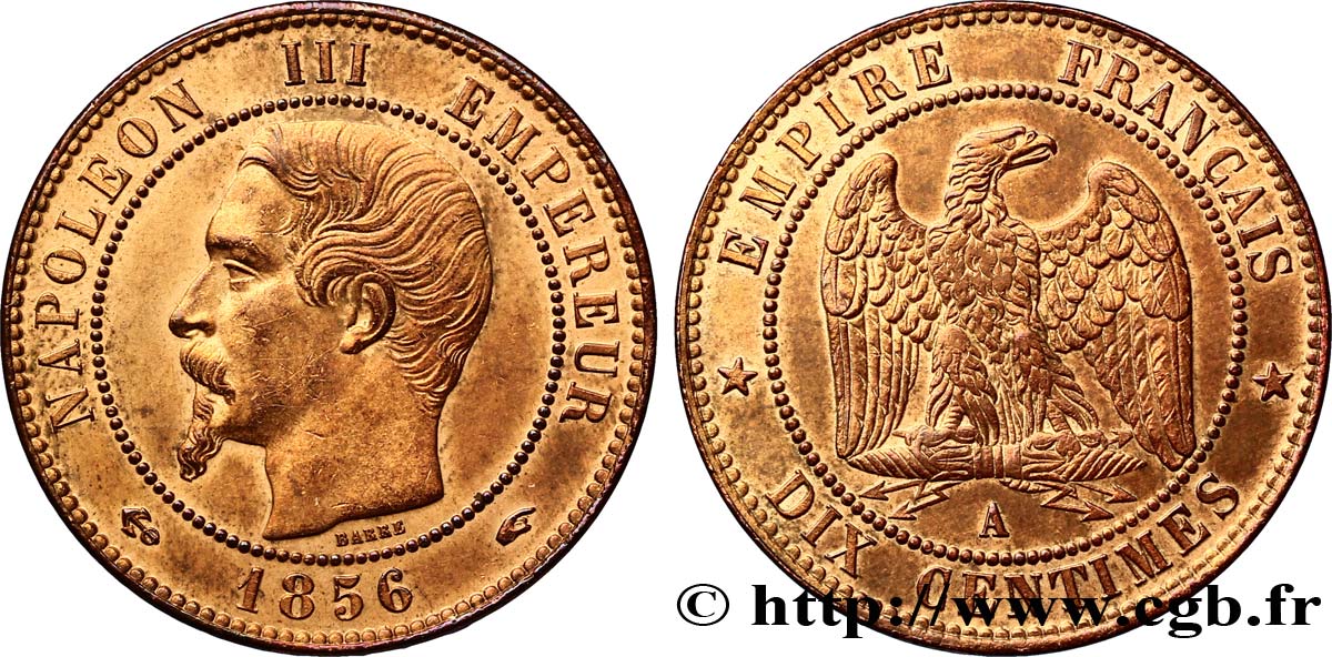 Dix centimes Napoléon III, tête nue 1856 Paris F.133/34 SS50 