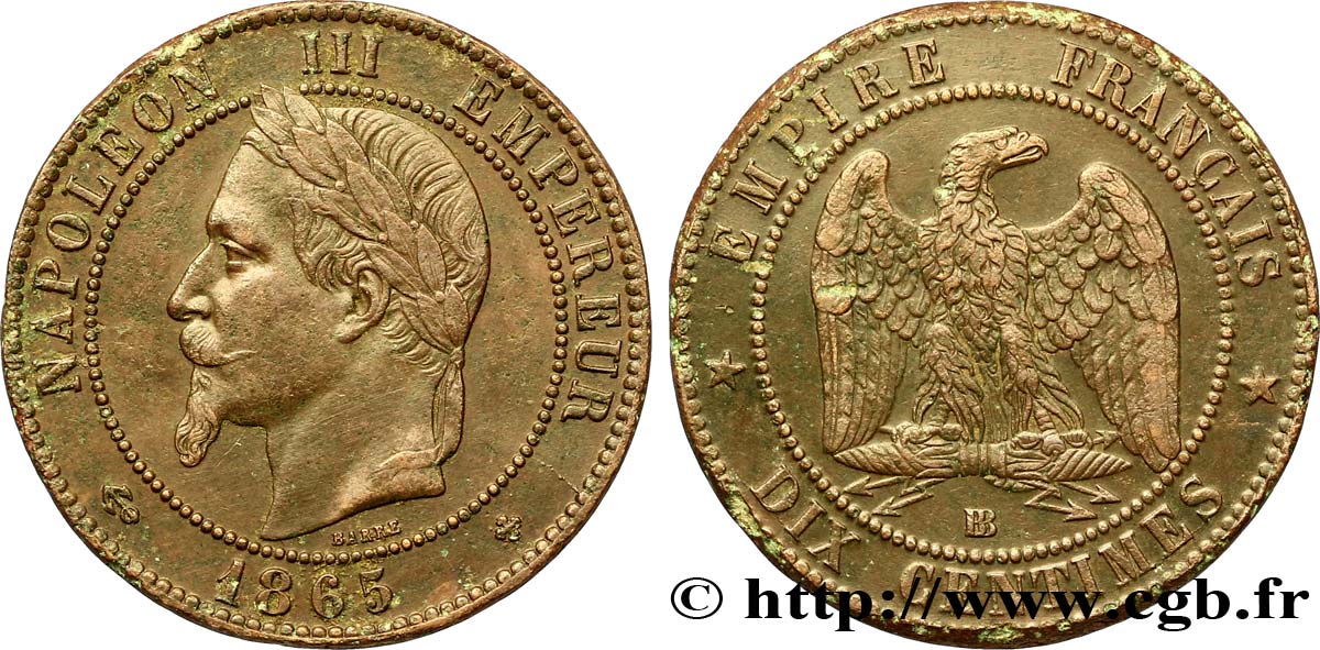 Dix centimes Napoléon III, tête laurée 1865 Strasbourg F.134/17 SS45 