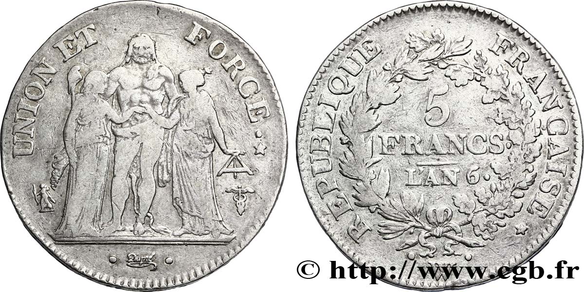 5 francs Union et Force, Union serré, seulement gland extérieur 1798 Lille F.288/92 VF30 
