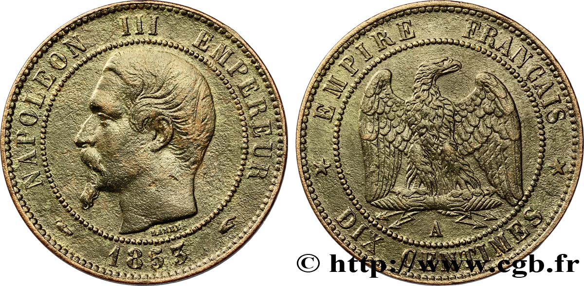 Dix centimes Napoléon III, tête nue 1853 Paris F.133/2 TTB45 
