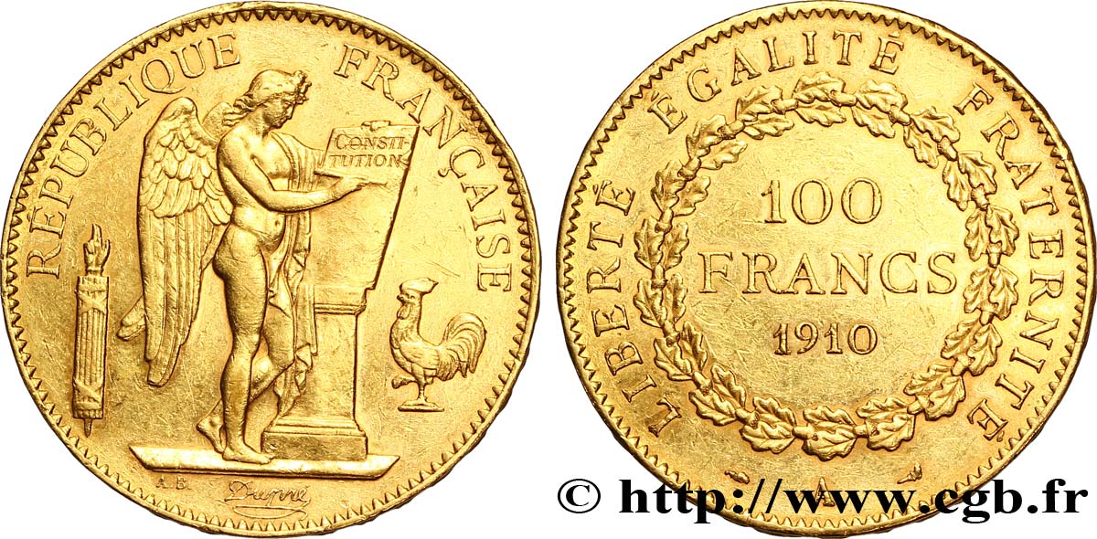 100 francs or Génie, tranche inscrite en relief Liberté Égalité Fraternité 1910 Paris F.553/4 SS50 