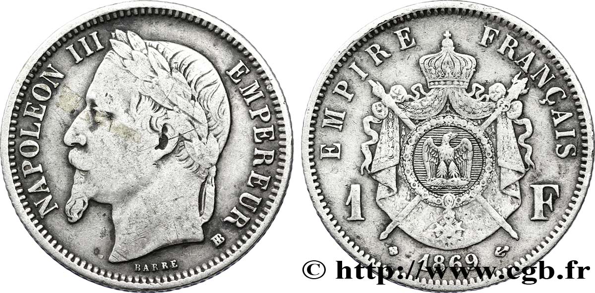 1 franc Napoléon III, tête laurée 1869 Strasbourg F.215/15 TB25 