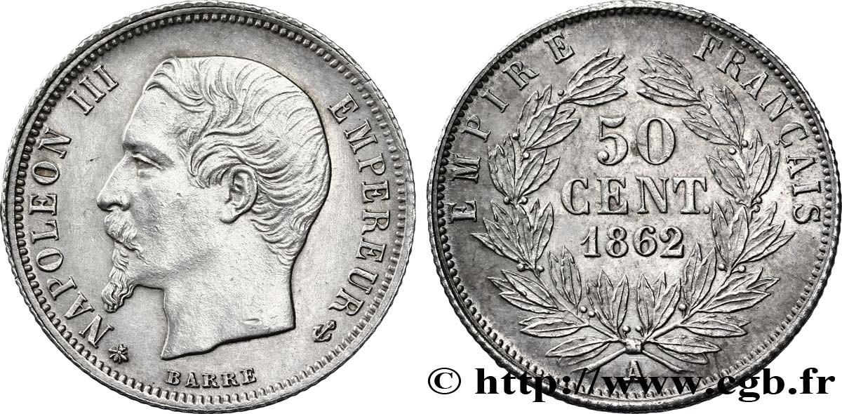 50 centimes Napoléon III, tête nue 1862 Paris F.187/16 MS60 